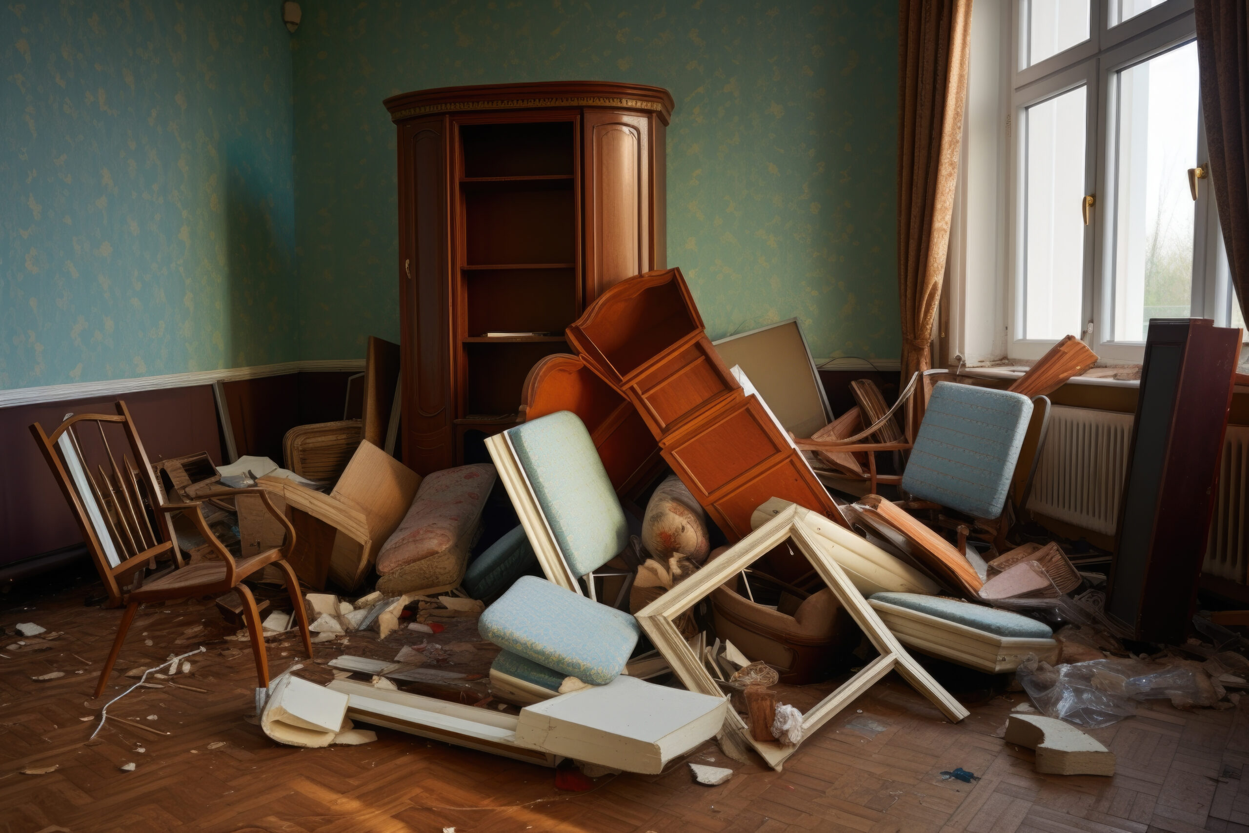 overturned furniture in an otherwise neat room, created with generative ai